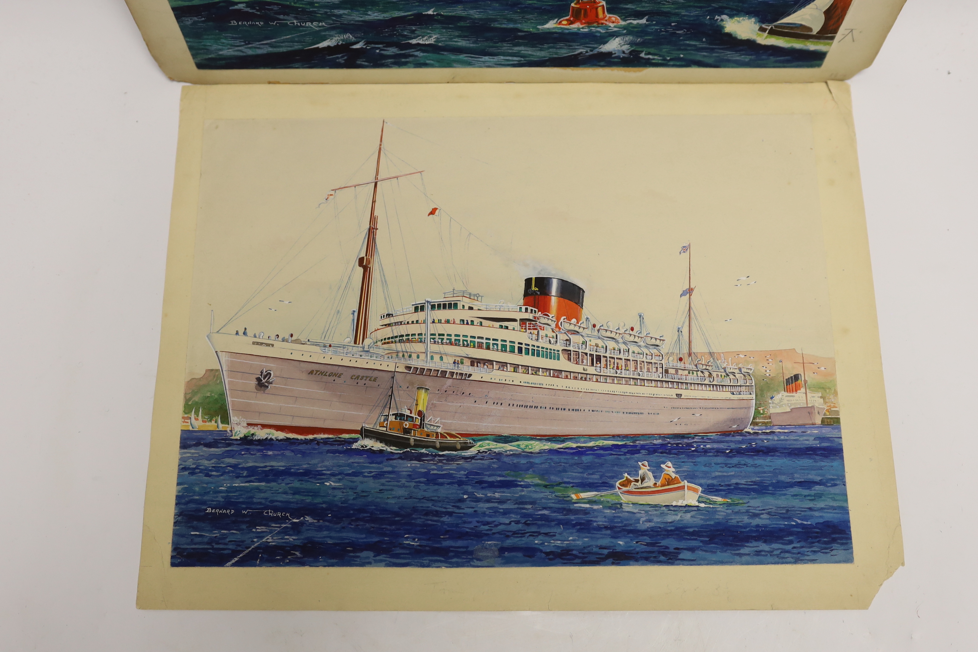 Bernard William Church, two watercolours of 1930s ocean liners, RMS Athlone Castle, Union Castle Line, 26 x 35.5cm and RMS Dominion Monarch, Shaw, Savill and Albion Line, 26 x 36cm, both signed
